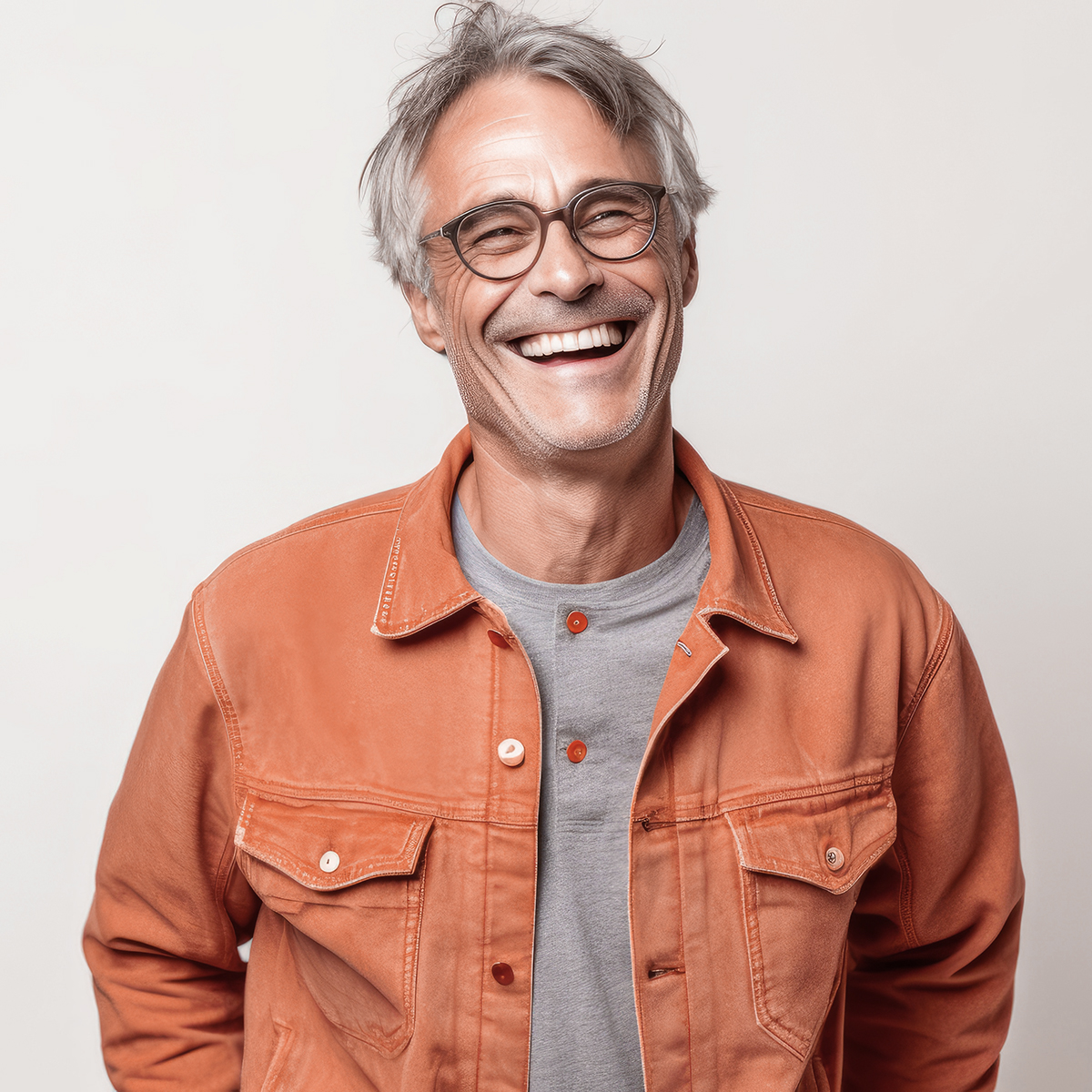 Happy senior man with gray hair and glasses wearing a casual orange jacket, smiling confidently against a neutral background.