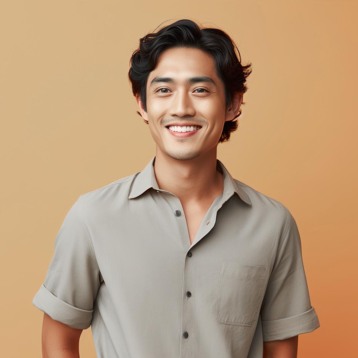 Smiling young man with wavy dark hair wearing a light gray button-up shirt, exuding confidence and warmth against a neutral background.