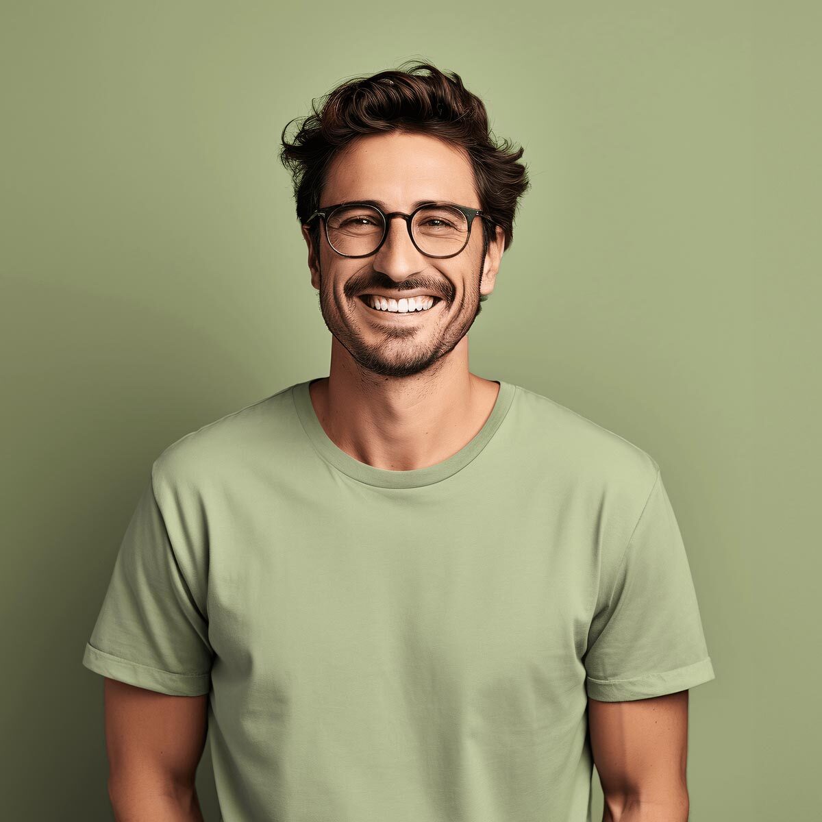 Smiling young man with glasses and wavy hair wearing a light green t-shirt, exuding confidence and warmth against a green background.