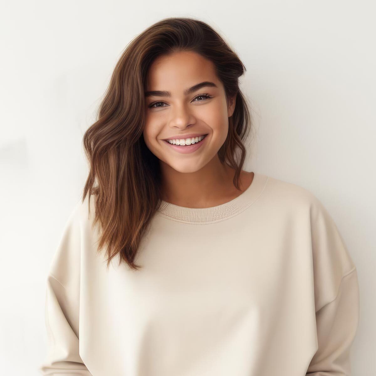 Smiling young woman with long brown hair wearing a light beige sweater, radiating confidence and warmth against a neutral background.